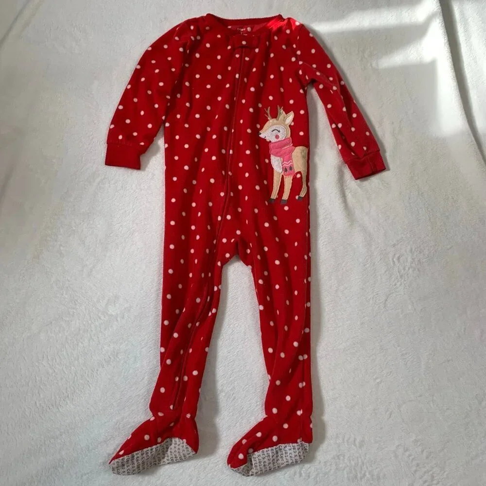5/$25 Carter's Footed Pajamas‎ Toddler 3T Red Polka Dot Reindeer Fleece Sleeper